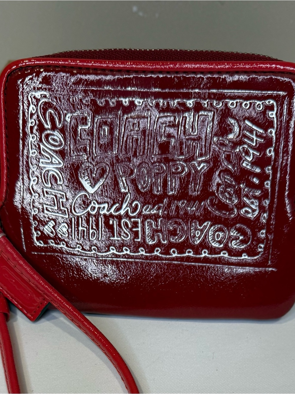 Coach Poppy Glossy Red Leather Wristlet Pouch Ocelot interior Y2K